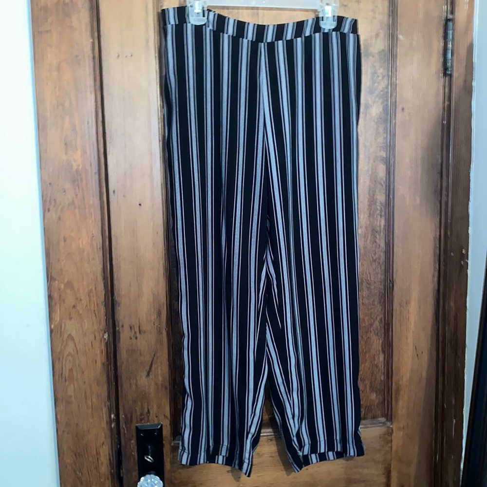 white and blacked striped pants